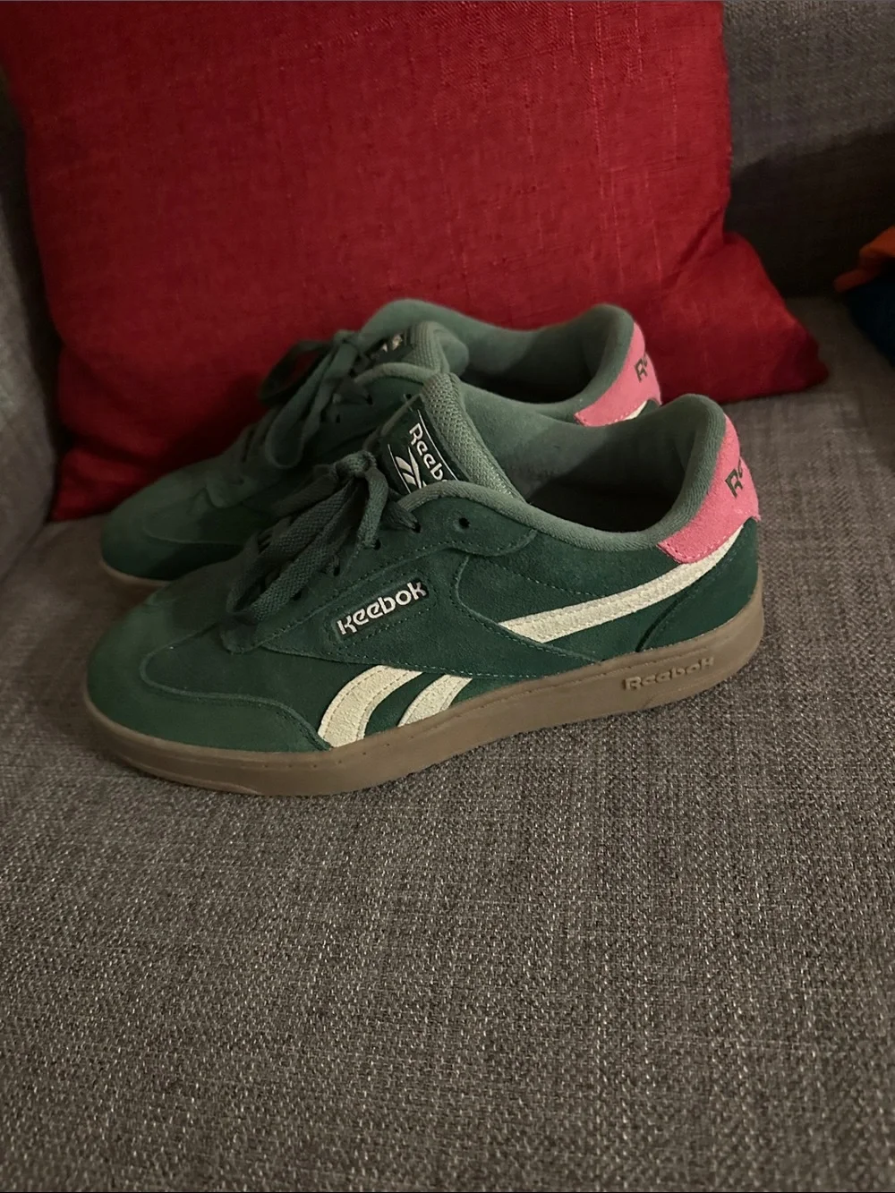 Reebok Green Suede Low-Top Sneakers with Pink Heel Accent